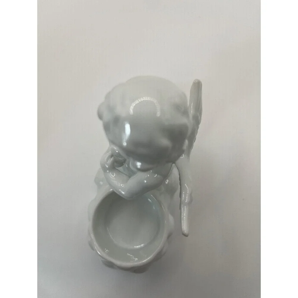 2 White Glazed Porcelain‎ Cherub Putti Cupid Taper Candle Holder Victorian